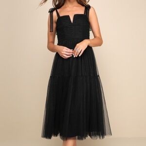 Lulus - Black Glitter Tulle Tie-Strap Midi Dress